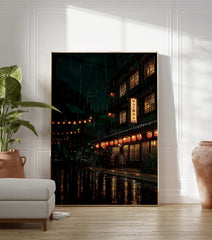A Japanese Rainy Street poster showing traditional buildings with glowing lanterns and windows reflecting on wet streets at night. - Image 3