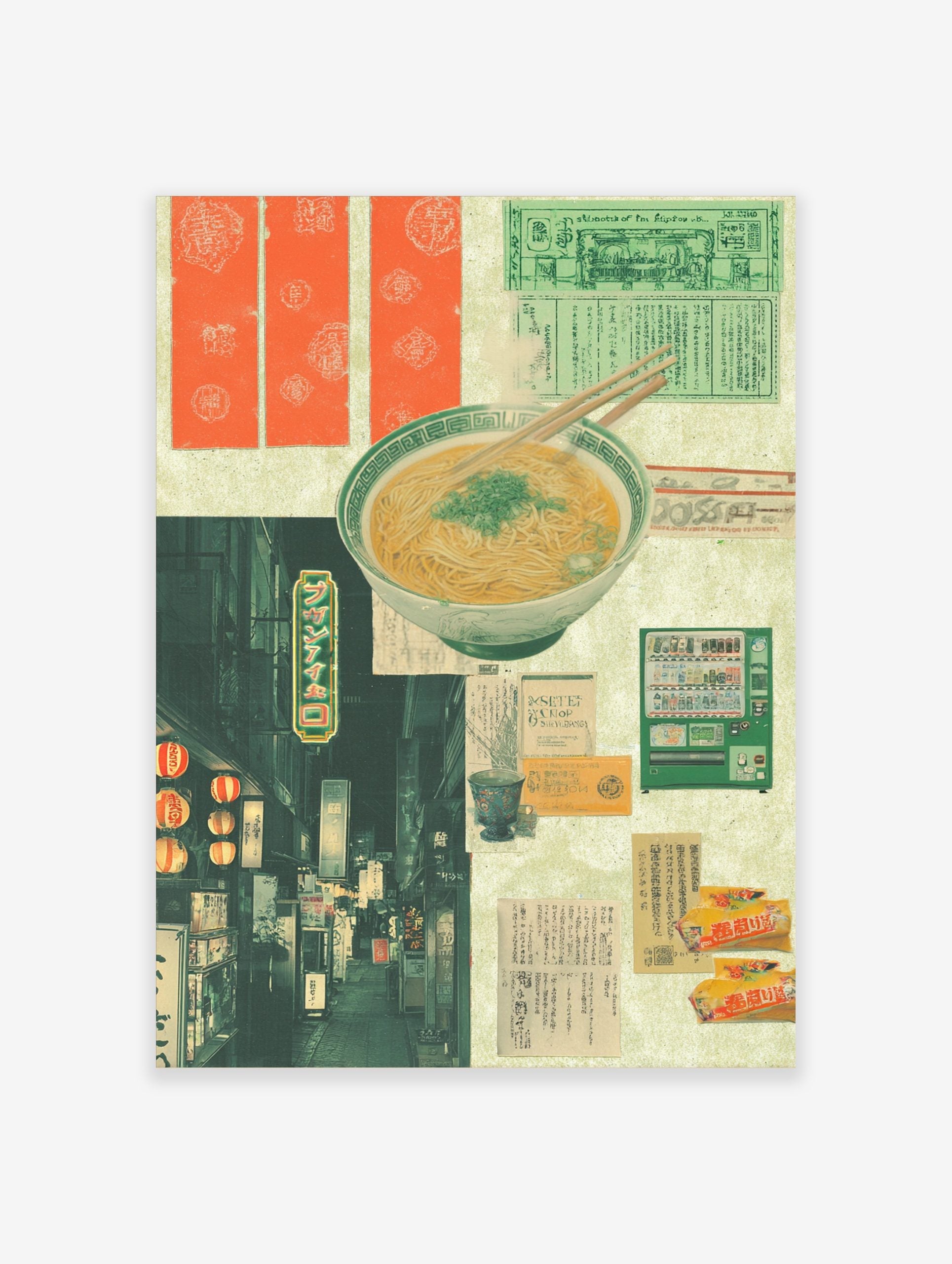 Japanese collage print with a ramen bowl, street scene with lanterns, green vending machine, and vintage papers