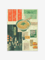 Japanese collage print with a ramen bowl, street scene with lanterns, green vending machine, and vintage papers