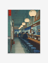 Illustrative print of Japanese ramen bar interior with diners at a counter, paper lanterns, teal walls, and wooden accents