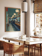 Illustrative print of Japanese ramen bar interior with diners at a counter, paper lanterns, teal, in a styled room mockup