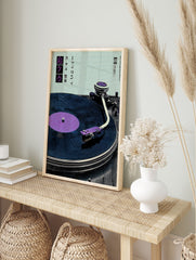 Japanese Record Player Poster featuring a blue vinyl record and purple tonearm on a light blue background. - Image 4