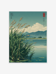 Japanese Reed Lake poster featuring tall reeds by a tranquil lake with mountains and clouds in an illustrative style.