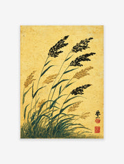 Traditional Japanese ink painting of tall reeds and grasses against a golden textured background, with red seal.