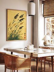 Traditional Japanese ink painting of tall reeds and grasses against a golden textured background, with red seal. - Image 2