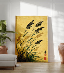 Traditional Japanese ink painting of tall reeds and grasses against a golden textured background, with red seal. - Image 3
