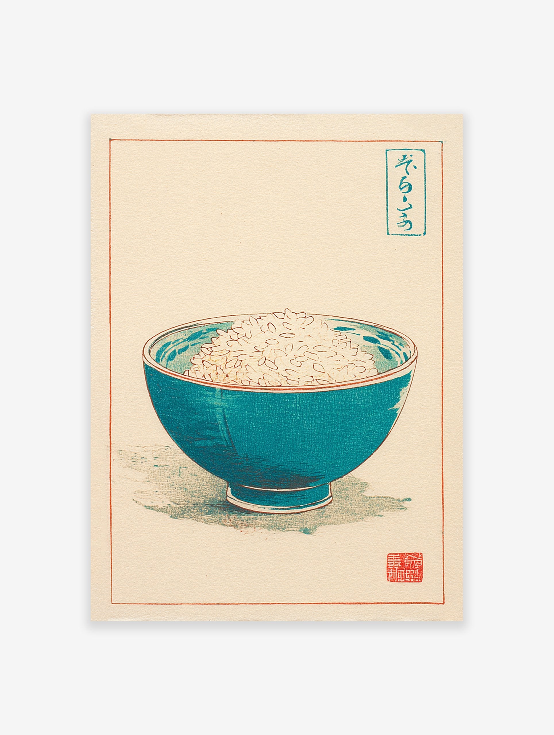 Japanese rice bowl art print with a teal blue bowl filled with white rice, red border, and traditional Japanese script.