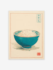 Japanese rice bowl art print with a teal blue bowl filled with white rice, red border, and traditional Japanese script.