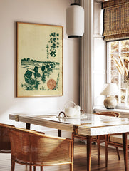 Japanese rice farmers in conical hats planting in a green paddy field, Ukiyo-e style woodblock, in a styled room mockup