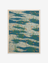 Japanese rice paddy poster with green rice plants and orange grains in blue water with white wave patterns.