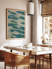 Japanese rice paddy poster with green rice plants and orange grains in blue water with white wave patterns. - Image 2