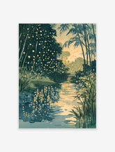 Japanese river landscape poster with bamboo forest, green foliage, and golden light reflections on water