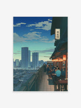Illustrative print of a Japanese rooftop restaurant with diners and orange lanterns overlooking a city skyline at dusk