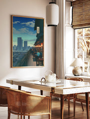 Illustrative Japanese rooftop restaurant overlooking a city skyline with skyscrapers and lanterns, in a styled room mockup