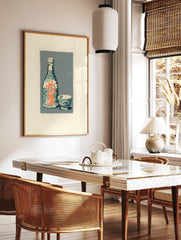 Japanese sake bottle and cup illustration with teal patterns and orange kanji on a grey background, in a styled room mockup