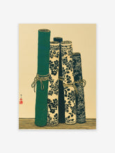 Japanese scroll wall art print showcasing five rolled green and floral patterned scrolls on a light background, with a red seal.