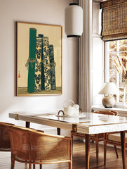 Japanese scroll wall art print showcasing five rolled green and floral patterned scrolls on a light background, with a red seal. - Image 2