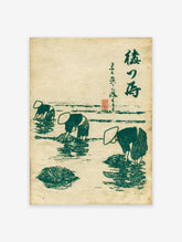 Japanese ukiyo-e style print of three figures in conical hats harvesting seaweed in green and beige