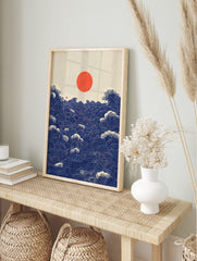 Japanese Seigaiha wave pattern art print with a red sun over a deep blue ocean, in an alternate framed mockup