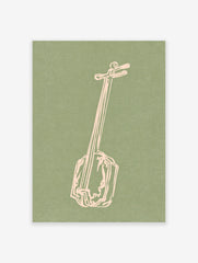 Light pink illustration of a Japanese shamisen instrument on a textured, muted green background art print