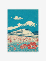 Japanese Shinkansen bullet train passing red flowers with Mount Fuji and blue sky in retro woodblock style