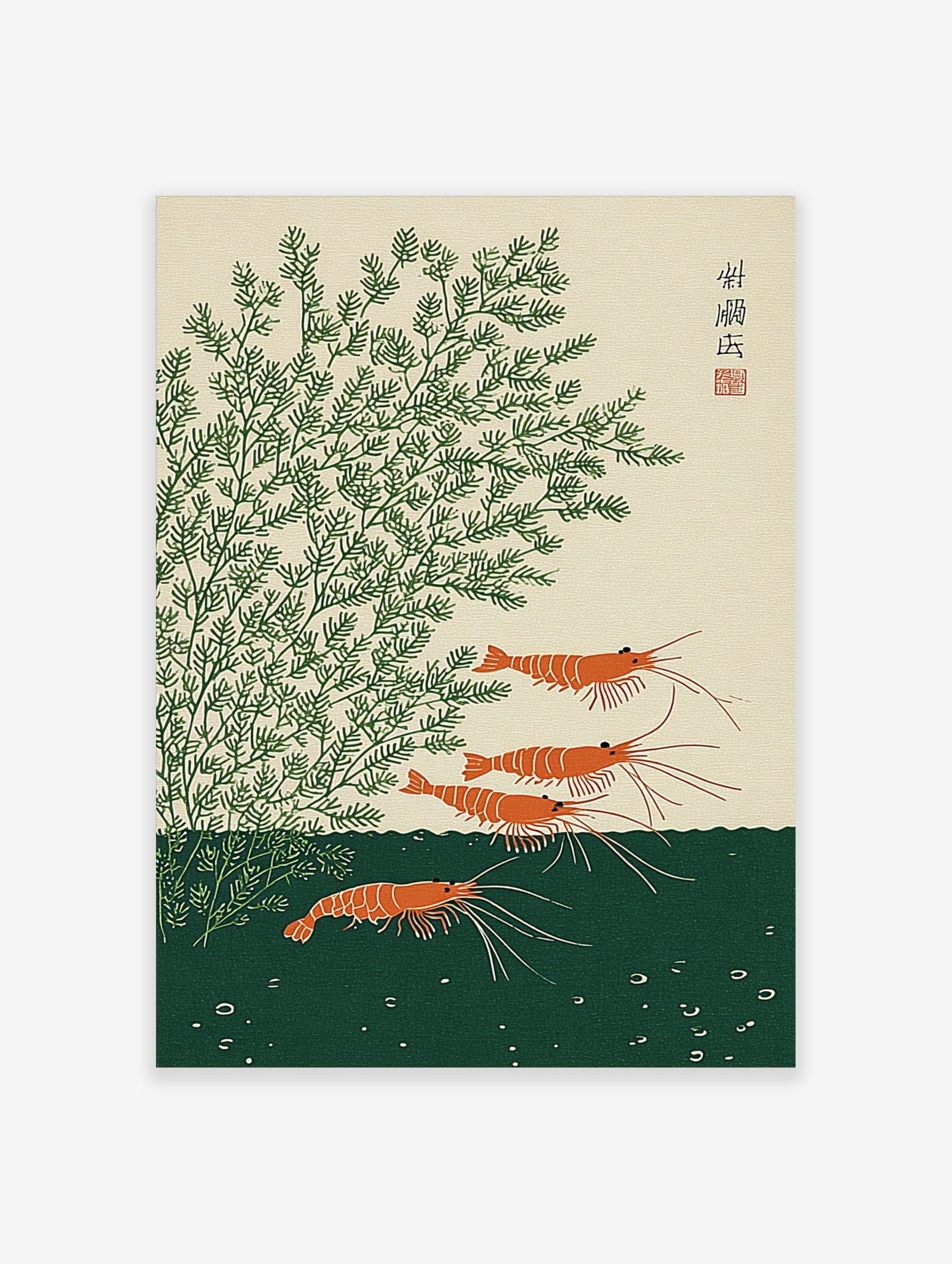 Japanese shrimp wall art featuring orange prawns and green aquatic plants in a woodblock print style