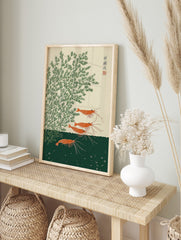Japanese shrimp wall art featuring orange prawns and green aquatic plants in a woodblock, in an alternate framed mockup