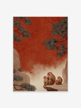 Japanese snow monkeys and pine trees on a red background, illustrated in a traditional style.