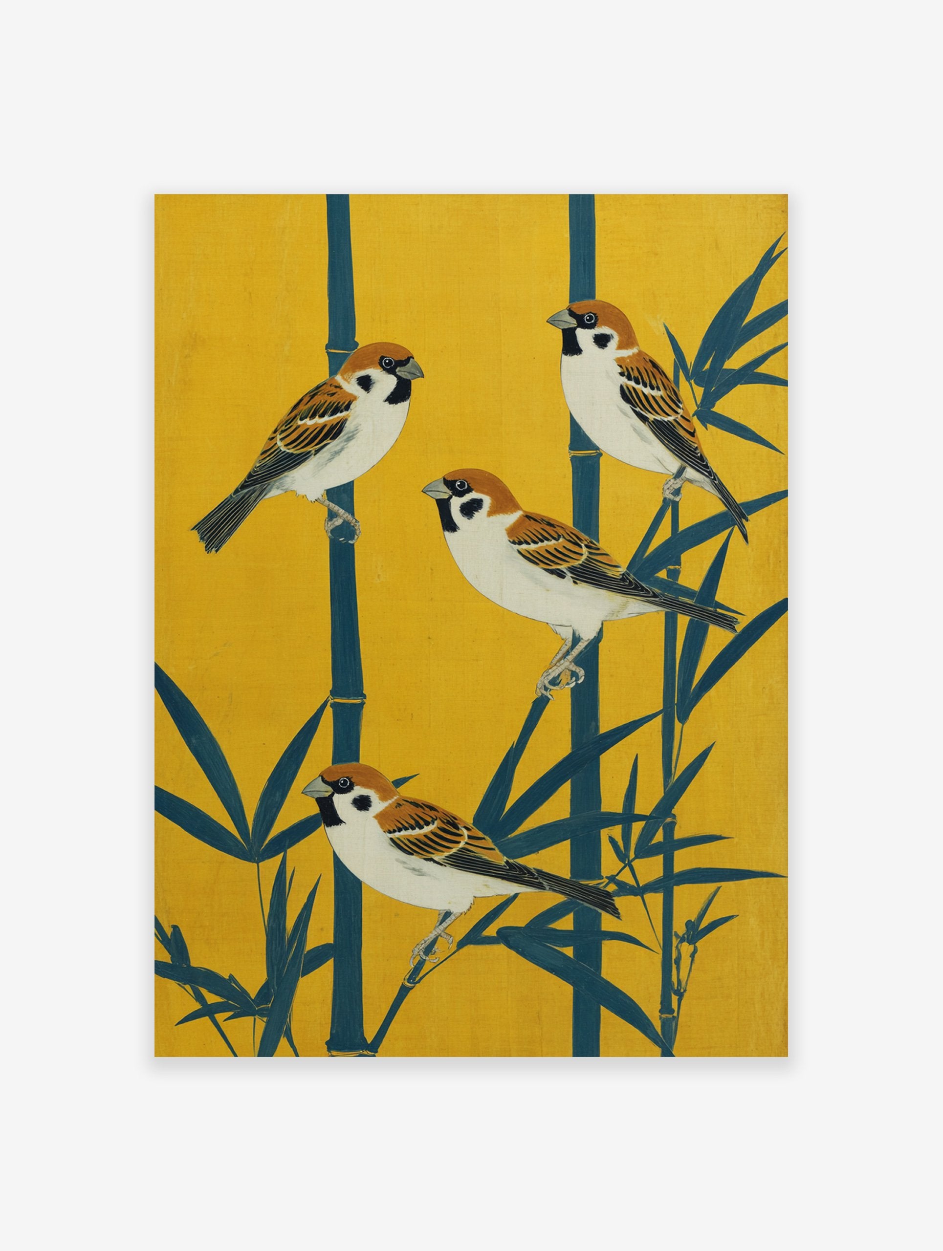 Japanese Sparrow Poster featuring four sparrows perched on teal bamboo stalks against a vibrant yellow background.