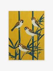 Japanese Sparrow Poster featuring four sparrows perched on teal bamboo stalks against a vibrant yellow background.