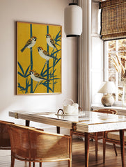 Japanese Sparrow Poster featuring four sparrows perched on teal bamboo stalks against a vibrant yellow background. - Image 2