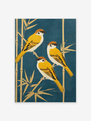 Japanese sparrow poster featuring three yellow and brown birds perched on golden bamboo stalks against a deep blue background.