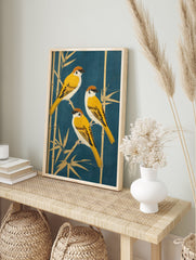 Japanese sparrow poster featuring three yellow and brown birds perched on golden bamboo stalks against a deep blue background. - Image 4