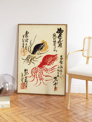 Japanese ukiyo-e style print featuring a red squid and a black squid with calligraphy on a beige background. - Image 2