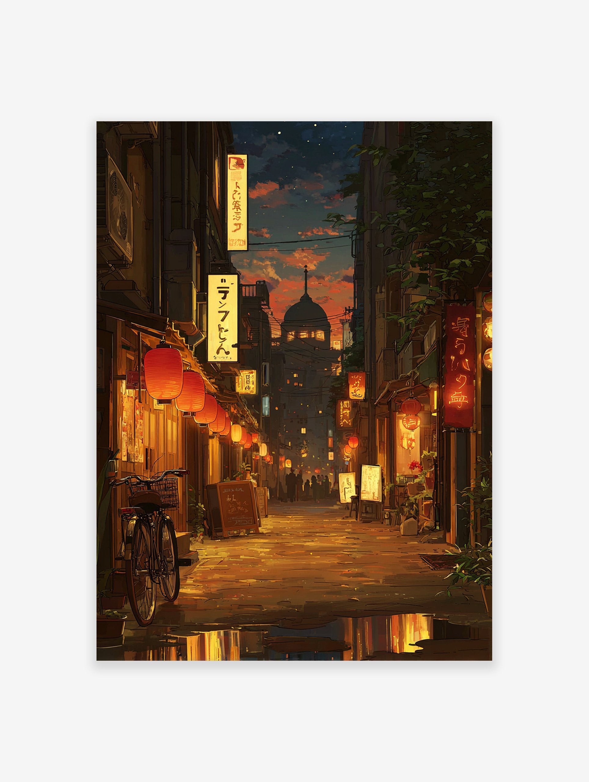 Japanese street art print depicting an evening alleyway with red lanterns, illuminated signs, a bicycle, and a distant dome building.