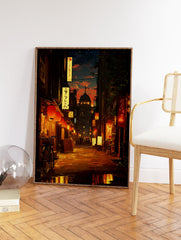 Japanese street art print depicting an evening alleyway with red lanterns, illuminated signs, a bicycle, and a distant dome building. - Image 2
