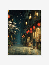 Japanese street at night with falling cherry blossoms, red lanterns, and a person looking into a shop window.