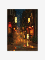 Rainy Japanese city street at night with glowing red lanterns, illuminated shop signs, wet reflections, and bicycles.