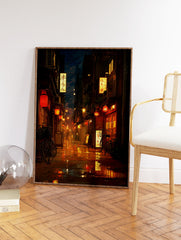 Rainy Japanese city street at night with glowing red lanterns, illuminated shop signs, wet reflections, and bicycles. - Image 2