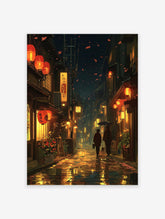 Japanese street art poster of a rainy night with glowing orange lanterns, traditional buildings, and two figures with umbrellas.