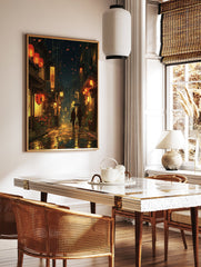 Japanese street art poster of a rainy night with glowing orange lanterns, traditional buildings, and two figures with umbrellas. - Image 3