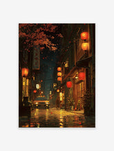 Illustrative Japanese street scene at night with glowing red and orange lanterns, a yellow taxi, and falling autumn leaves on wet pavement.
