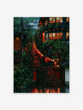 Rainy Japanese street at night with red paper lanterns, wet stone steps, and glowing wooden houses