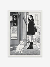 Japanese street poster featuring a girl in a black coat standing next to a white cat, with Japanese text on a sign.