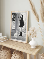 Japanese street poster featuring a girl in a black coat standing next to a white cat, with Japanese text on a sign. - Image 4