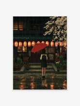 Japanese street poster of a girl with a red umbrella outside a restaurant on a rainy night, with cherry blossoms.