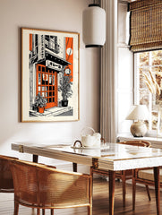 Vibrant orange and black Japanese street scene illustration art print with a building, plants, and lantern. - Image 3