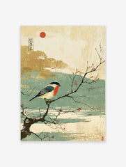 Japanese style print of a red-breasted bullfinch on a snowy branch with red berries and a red sun
