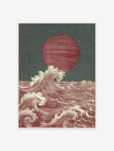 Japanese style ocean waves art print with a large red sun and white cresting waves on a dark teal background
