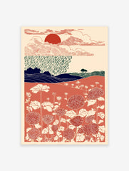Japanese style wall art print featuring a red sun, clouds, rain, blue hills, and a vibrant field of red and cream flowers.